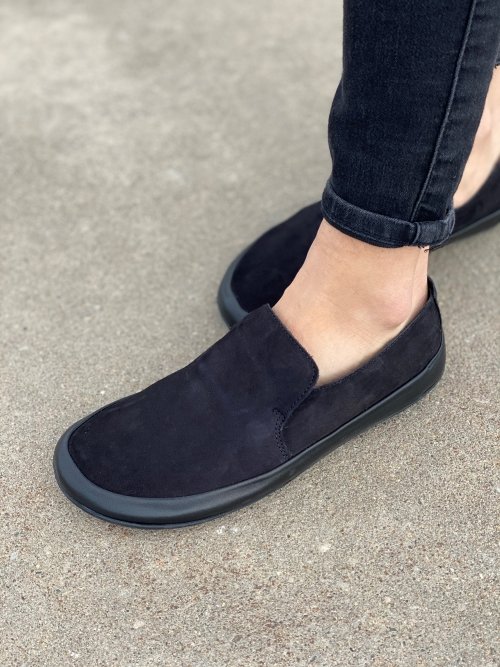 Close up of Vivobarefoot Black Opanka zero drop suede loafers