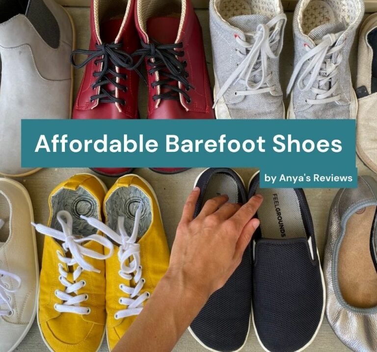 A woman's hand reaching for a pair of barefoot shoes amongst a bunch of others. The overlaid text reads Affordable Barefoot Shoes by Anya's Reviews
