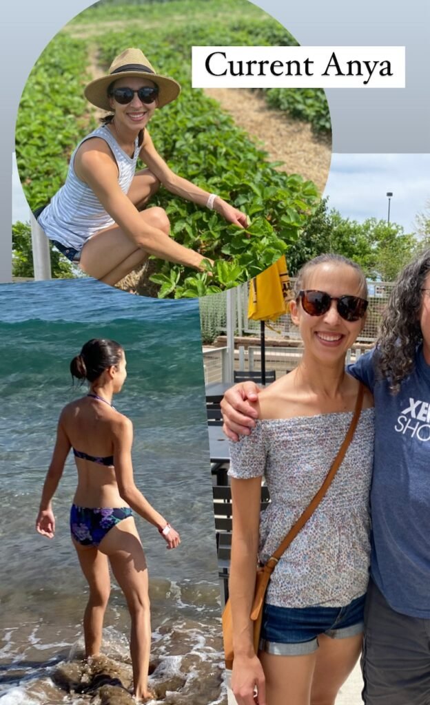 A collage of Anya after she switched to barefoot shoes and strengthened her body that shoes her posture has improved