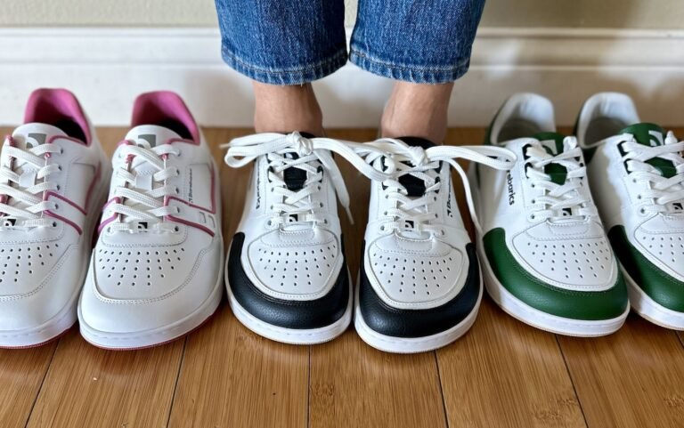 A row of stylish cool chunky barefoot sneakers from Barebarics