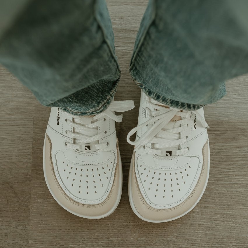 Close up of extra wide toe box stylish Barebarics Wave barefoot sneakers in white and tan leather