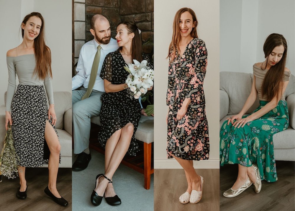 A collage of 4 photos featuring various dressy outfits all with barefoot dress flats from Groundies, Shapen, and Origo