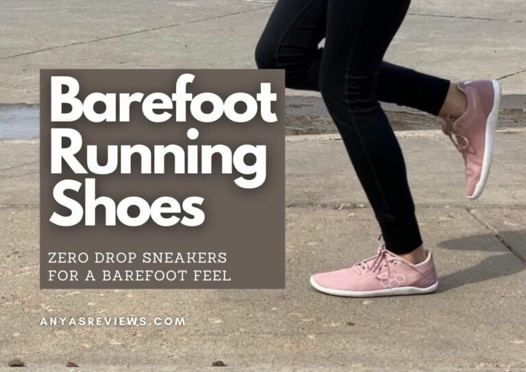A thigh down photo of a woman's legs running in Vivobarefoot pink sneakers. The text title says "Barefoot Running Shoes - zero drop sneakers for a barefoot feel"