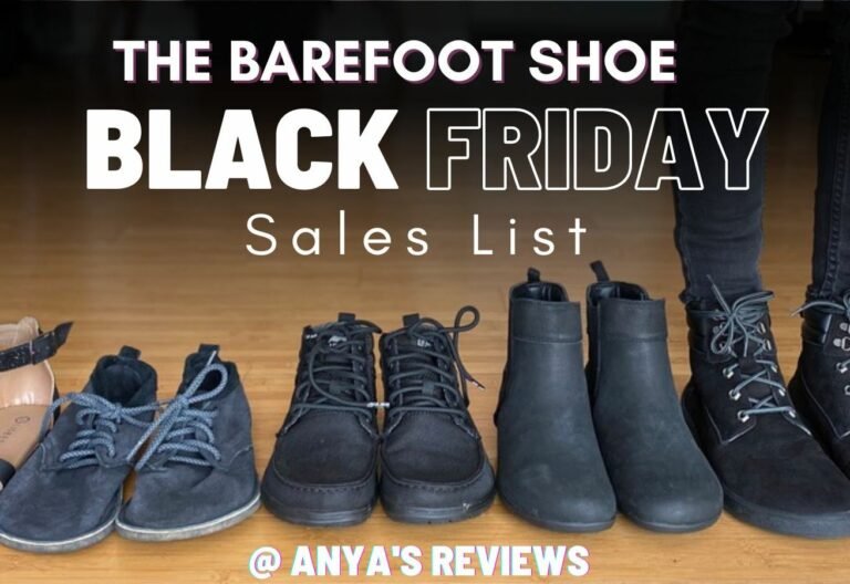 a row of black barefoot shoes with the text "The barefoot shoe black friday sales list, @ anya's Reviews" written over the top