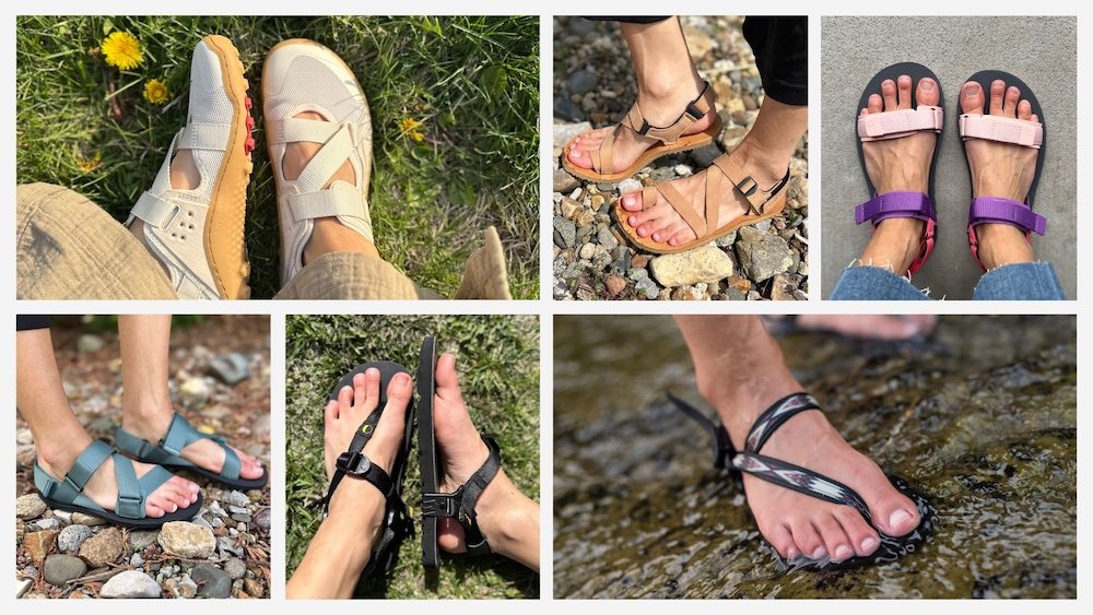 A collage of different wide toe box, flexible barefoot sandals in different styles and colors from different brands