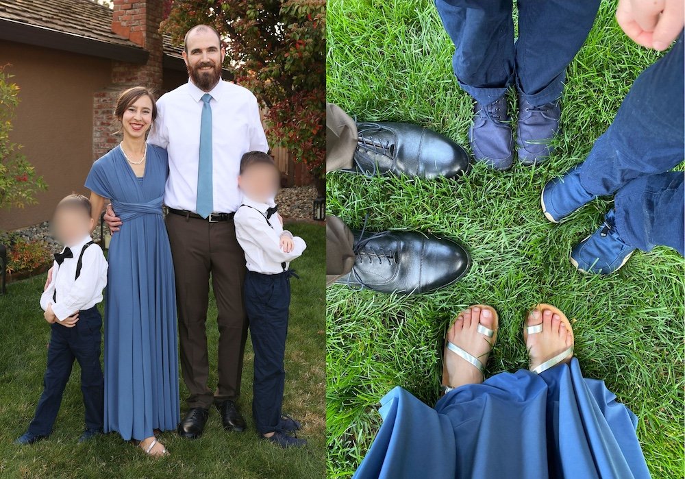 A family of 4 all dressed up for a wedding wearing comfortable barefoot shoes