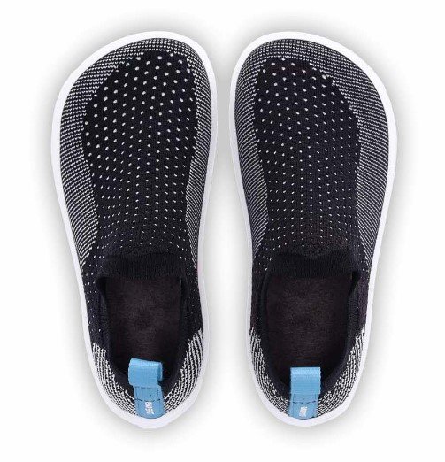 Top Down view of black and white stretchy knit Be Lenka Perk barefoot shoes for kids