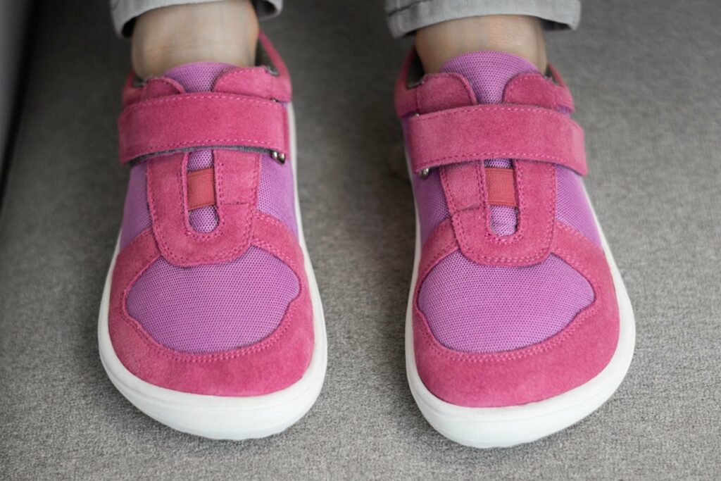 Front top view of Be Lenka Joy pink barefoot sneakers with a single velcro closure