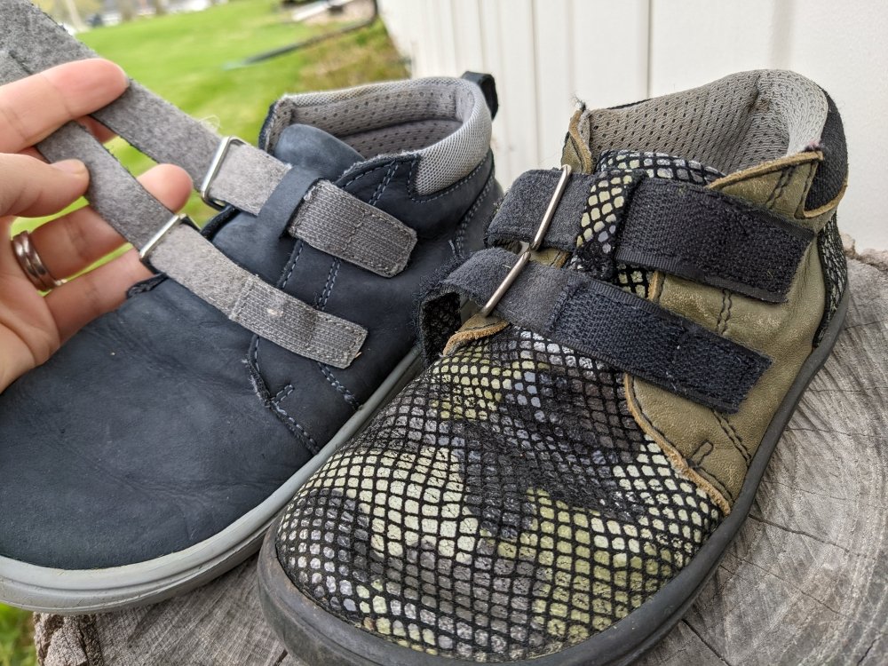 Two Be Lenka Jolly Sneakers side by side showing the updates to the velcro in 2021. The original velcro had more hook, the new velcro straps have more loop.