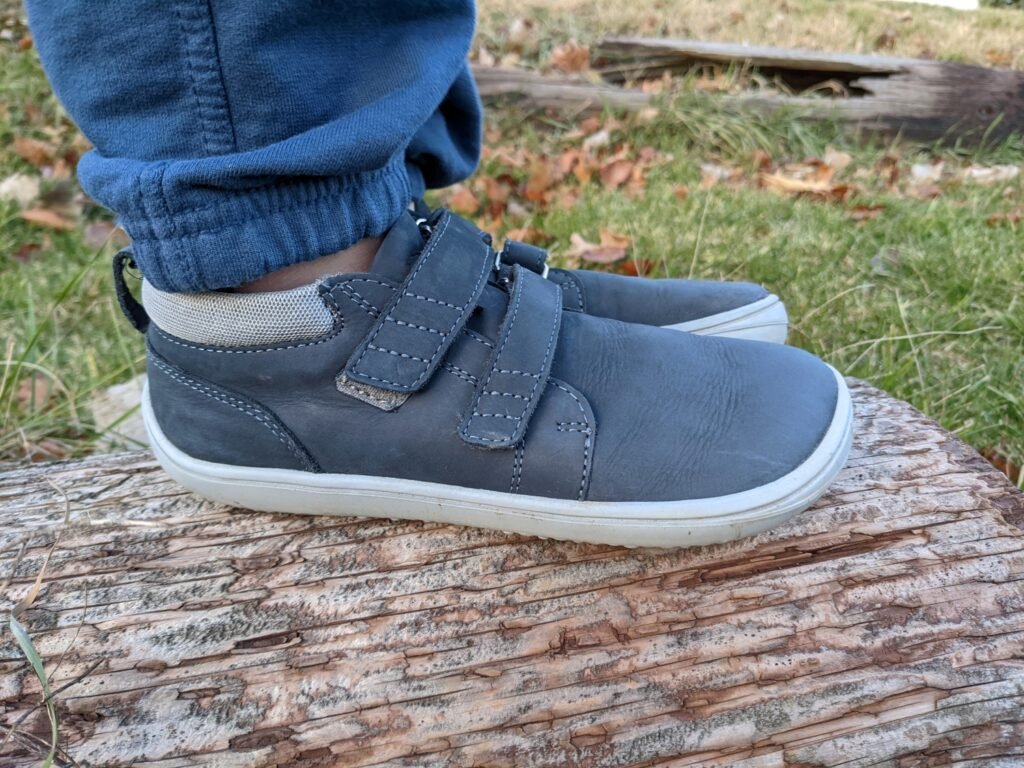 Side profile close up of Be Lenka Play ankle barefoot sneakers with extra wide toe box in nubuck leather