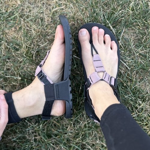 Top and side view of Bedrock Barefoot sandals with zero drop outsole and anatomical wide toe box shape