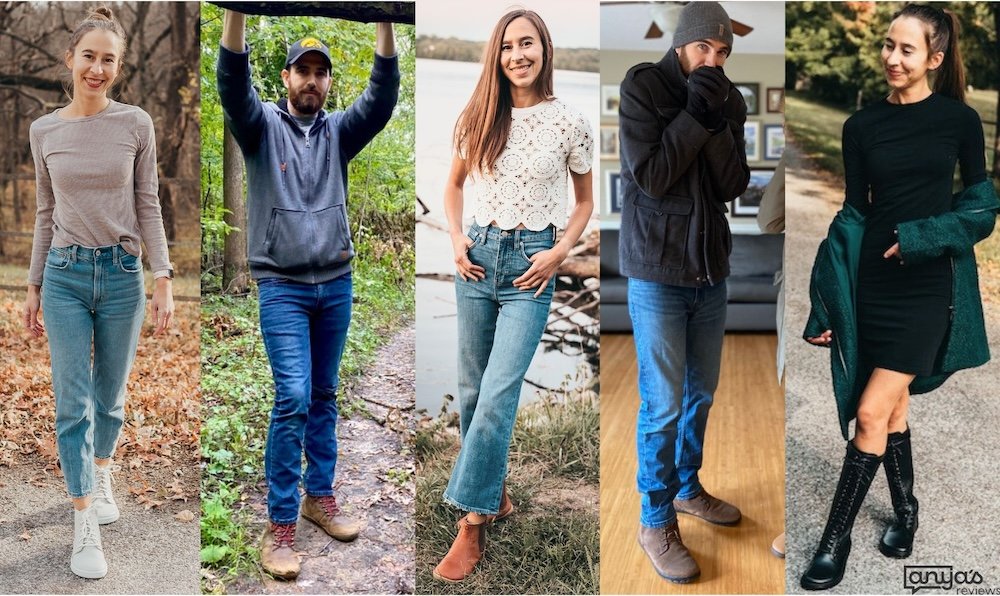 A collage of a man and woman styling different every barefoot boots with different fall and winter outfits