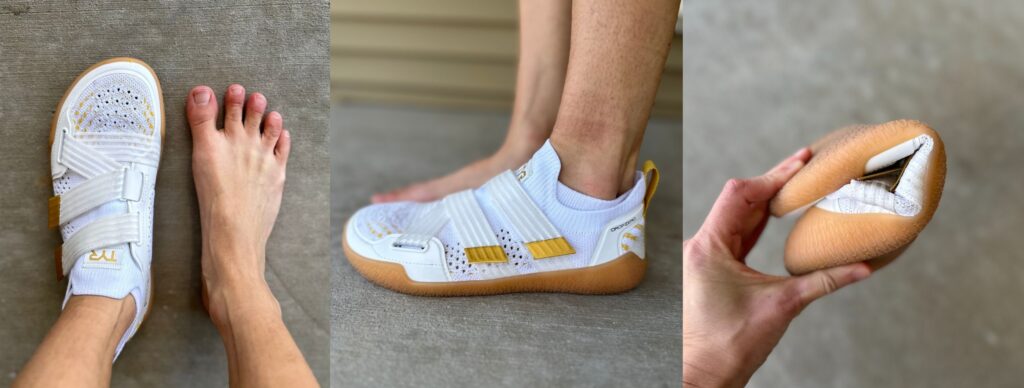 A 3 photo collage showing the TYR Drop Zero barefoot gym shoe from the top, side, and rolled up to demonstrate flexibility.