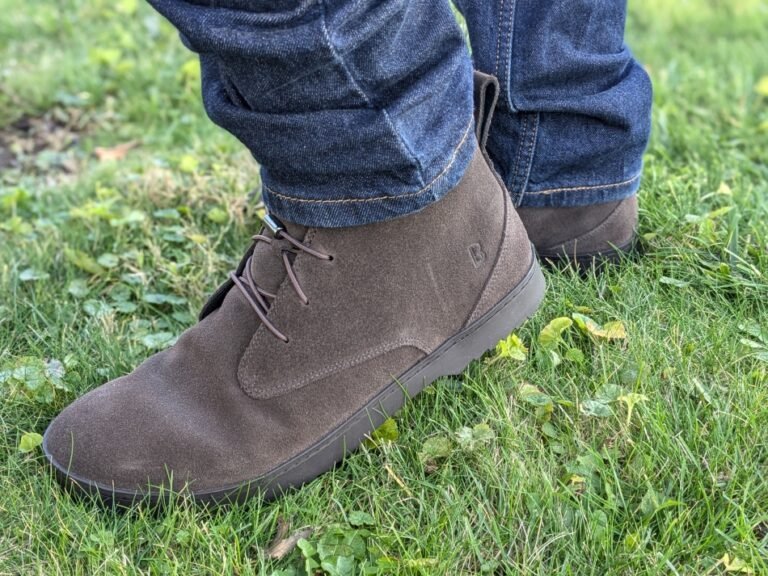 Side view of Birchbury Carnforth wide toe box chukka boot in brown suede with a faux heel
