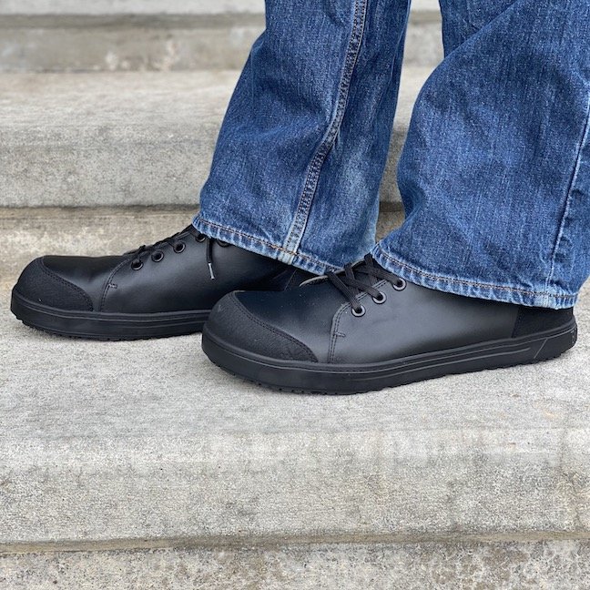 The Birkenstock QS 700 steel toe shoe being worn