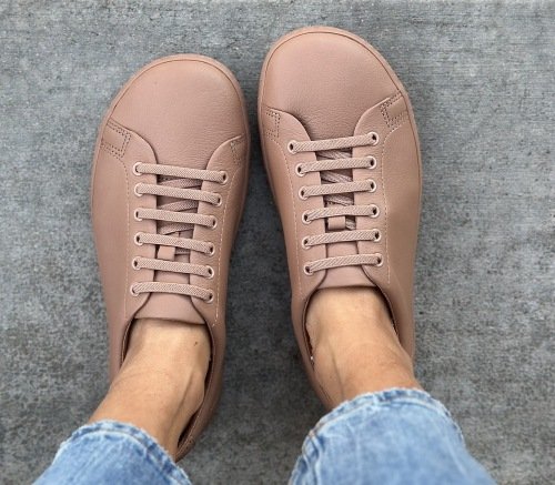 Top down view of Birchbury sneakers with wider toe box and elastic laces with buttery soft leather uppers