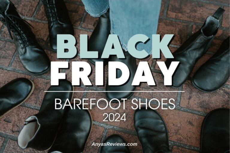 A flat lay of black barefoot boots scattered about showing a wide toe box and the text "Black Friday Barefoot Shoes 2024 AnyasReviews.com"