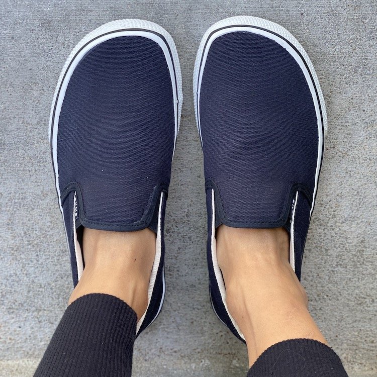 Top Down view on Regular width Bohempia barefoot hemp slip on sneakers in black