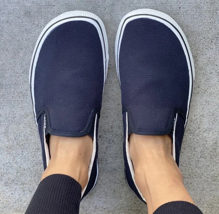 Top Down view on Regular width Bohempia barefoot hemp slip on sneakers in navy