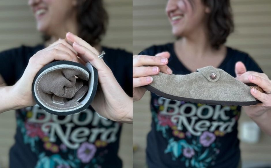 A side by side collage of a woman holding two different shoes and trying to roll them up in a ball to test the flexibility. On the left is a Butterfly Your World handmade barefoot clog, on the right is the Birkenstock Boston Clog