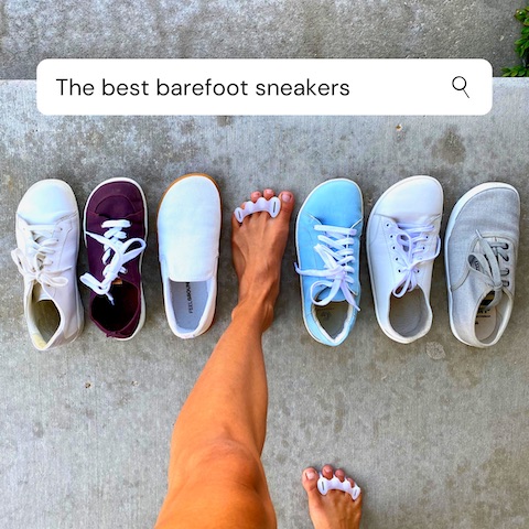 A top down view of a line of the best barefoot sneakers that look cool. A woman wearing Correct Toes has her foot extended into the middle of the line. Be Lenka, Mukishoes, Feelgrounds, Groundies, Vivobarefoot, and Bohempia.