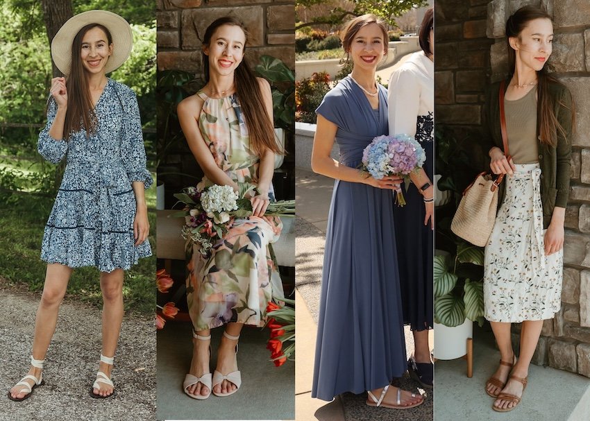 A collage of the same woman in 4 different dressy looks all featuring different barefoot dress sandals from Juuri, Shapen, Grecian Sandals, and Be Lenka