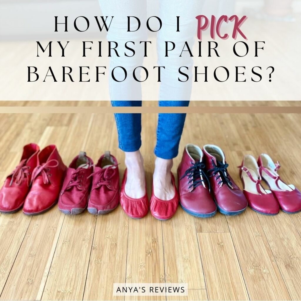 A row of red barefoot shoes in a line on the floor with the text