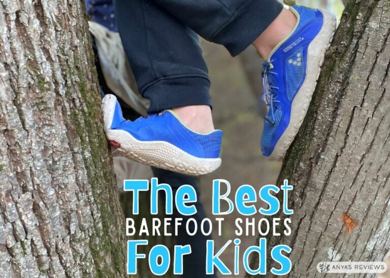 A photo of a child's feet wearing kids barefoot shoes as they climb in a tree with the text "The Best Barefoot Shoes for Kids, Anya's Reviews" thumbnail