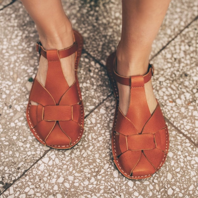 Front view of a pair of Crupon Abbie fisherman style Sandals in medium brown leather