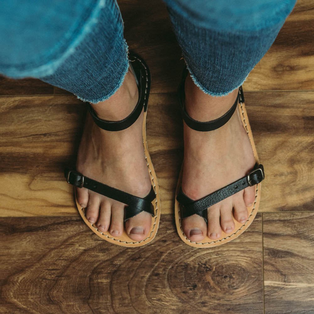 A pair of extra wide Crupon Nomade sandals in black strappy leather for extra wide feet