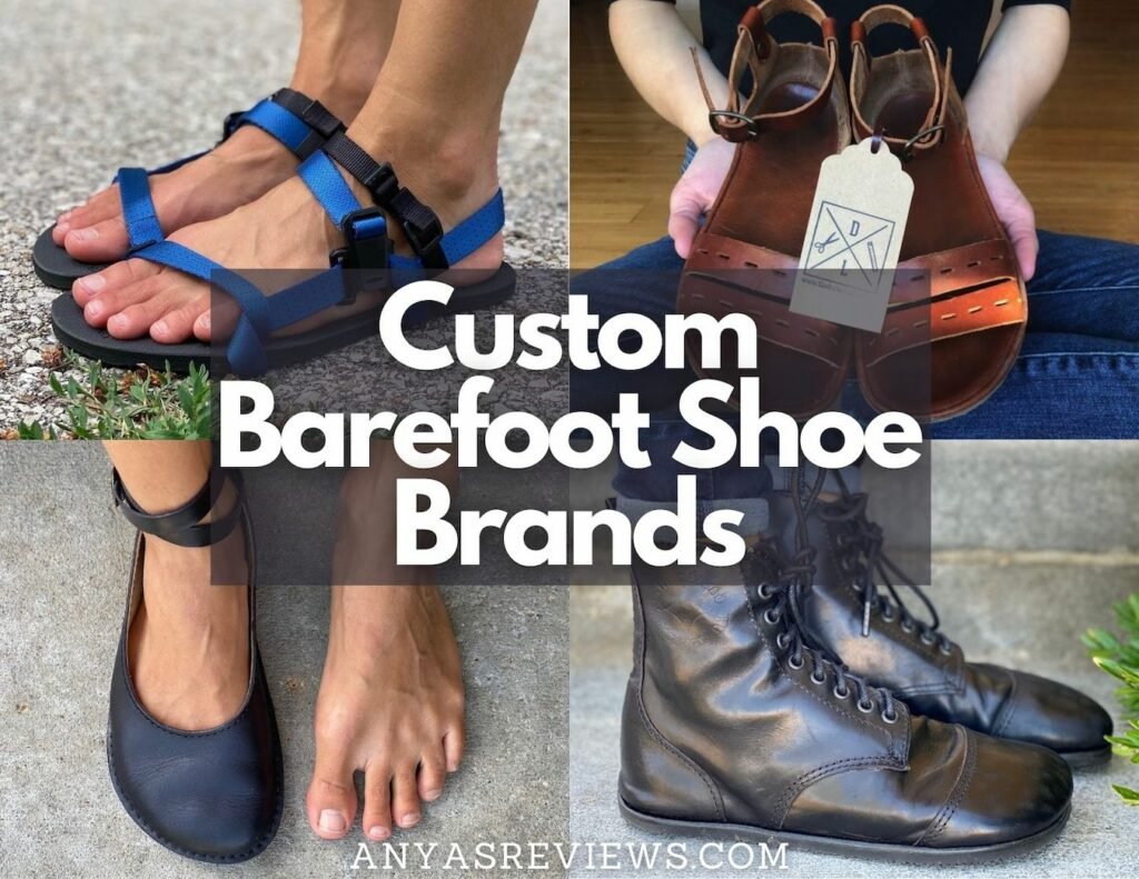 custom Barefoot Shoe brands cover text over an image containing shoes from Deliberate Life Designs, Drifter leather, Ela Faustus, and Gaucho Ninja