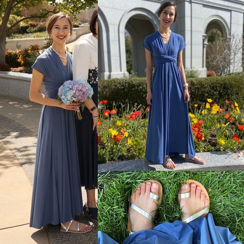 a collage of a woman in a wedding wearing a blue gown and Grecian sandals barefoot dress shoes for women