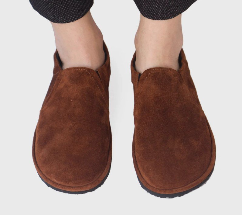 The Drifter Leather Top Down view of Slip on Sneakers in spice suede. Custom barefoot hand crafted shoes from Greece