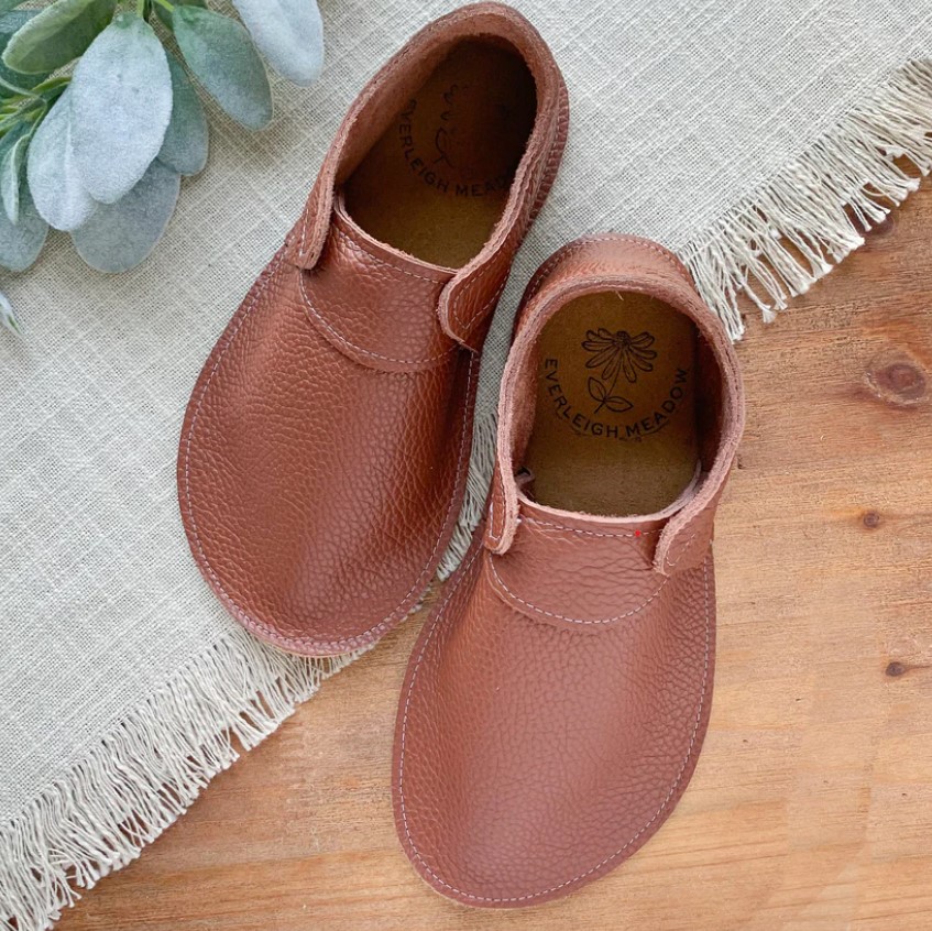 Everleigh Meadow handmade casual zero drop leather slip ons in nutmeg color