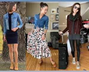 A 3 photo collage of the same woman wearing different stylish outfits and 3 different stylish barefoot shoes - The Groundies Liverpool, Crupon Trevi, and Origo shoes
