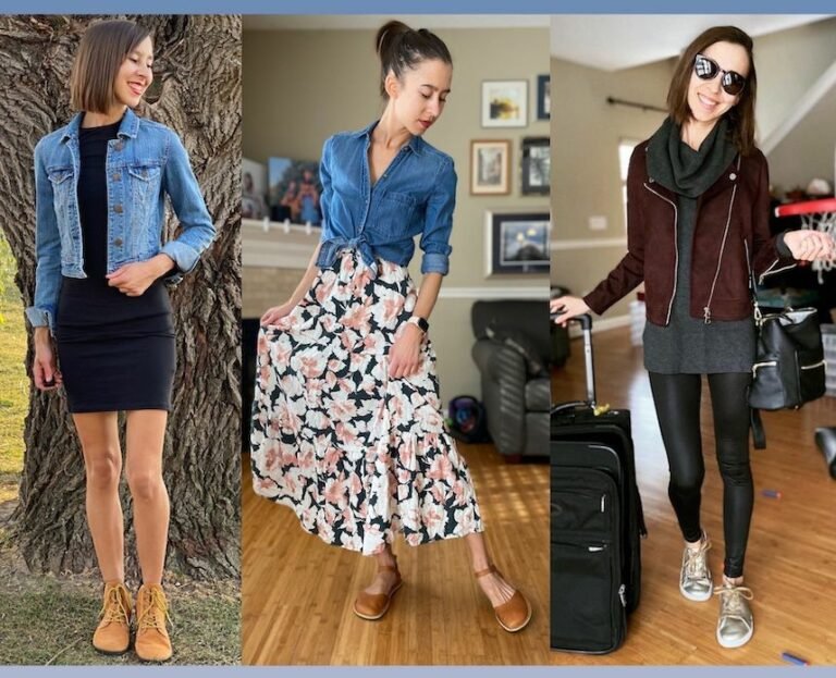 A 3 photo collage of the same woman wearing different stylish outfits and 3 different stylish barefoot shoes - The Groundies Liverpool, Crupon Trevi, and Origo shoes