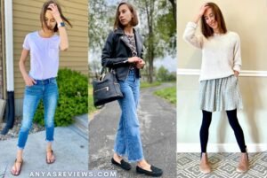 A 3 photo collage of the same woman in 3 outfits featuring 3 different fashionable barefoot shoes - Earth Runners in sunset orange, Lisbeth Joe London black leather loafers, and Angles Fashion Artemis Chelsea boots