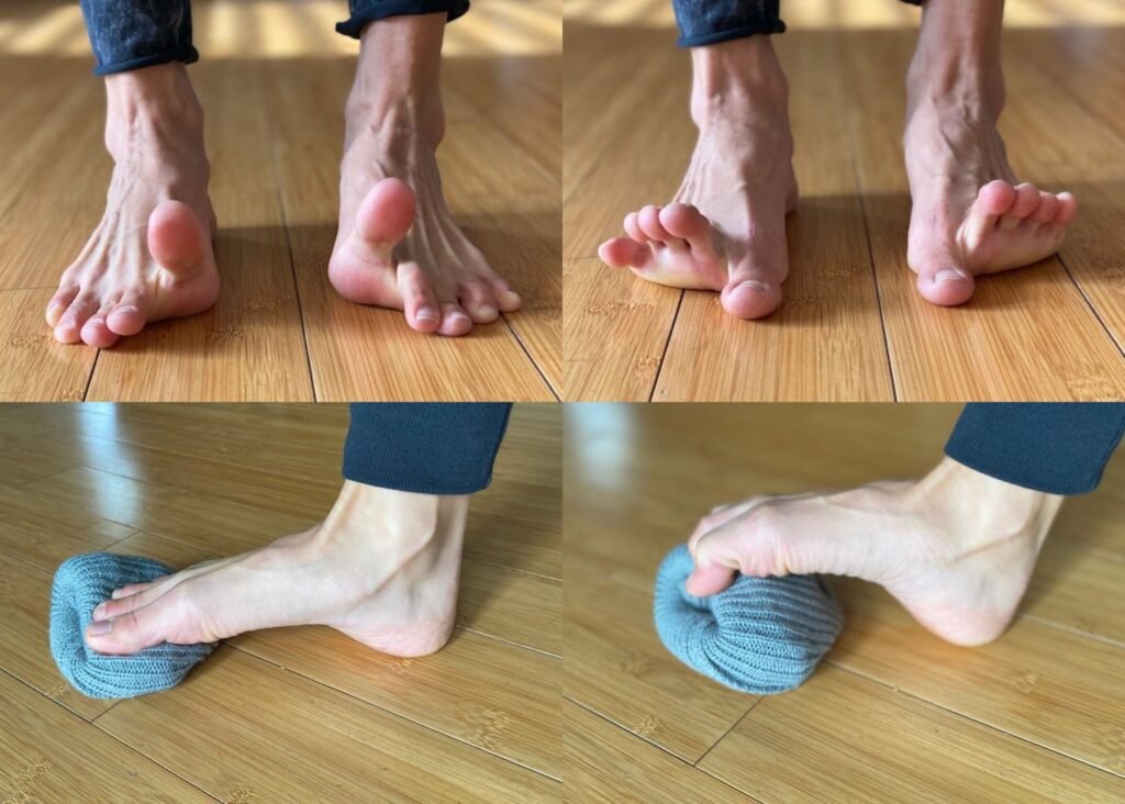 A collage of different ways to strength your feet to improve your bunions