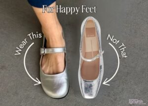 A graphic showing two silver mary janes side by side. On the left is a shoe with a wide anatomical toe box and on the right is a typical dress shoe with a narrow point toe box. Text superimposed over the image reads "For happy feet wear this, not that" with the logo Anya's Reviews in the corner.