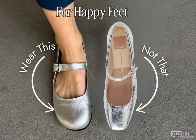 A graphic showing two silver mary janes side by side. On the left is a shoe with a wide anatomical toe box and on the right is a typical dress shoe with a narrow point toe box. Text superimposed over the image reads "For happy feet wear this, not that" with the logo Anya's Reviews in the corner.