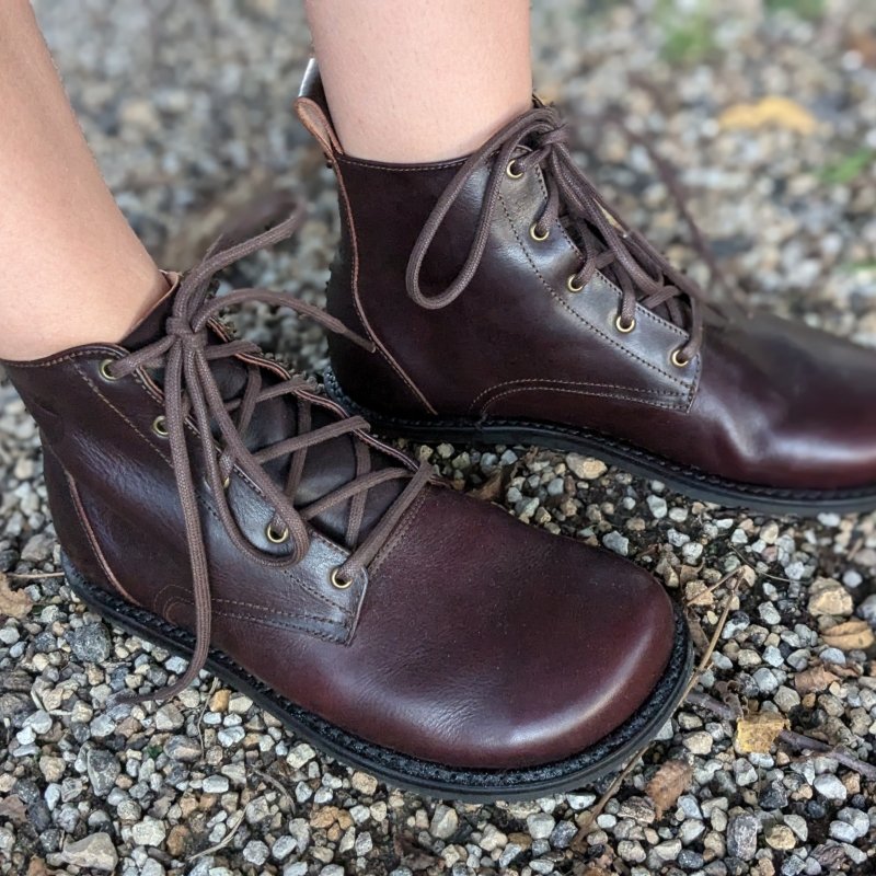 Gaucho Ninja side angled close up view of goodyear welted barefoot wide toe box leather lace ups boots