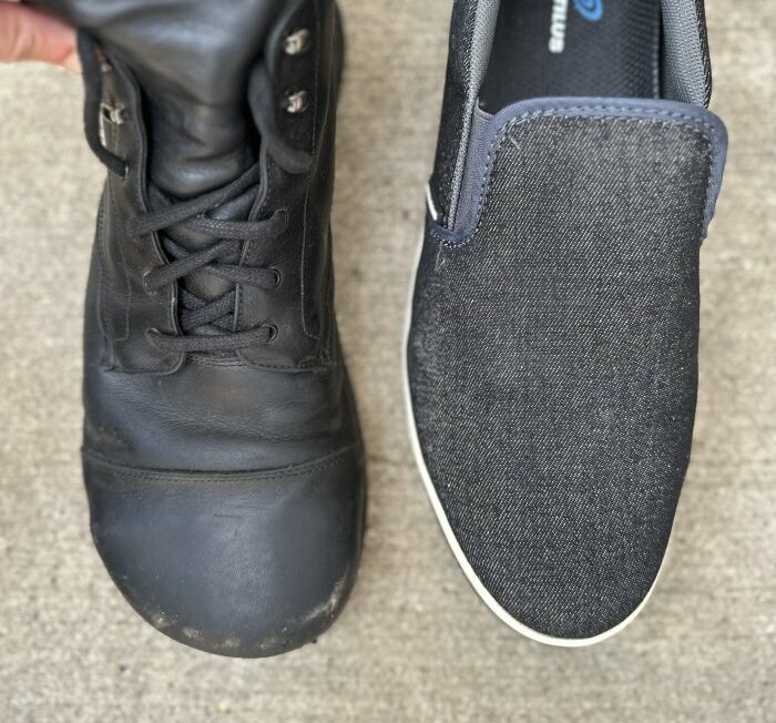 A top down view of Gaucho Ninja Carpenter goodyear welted steel toe boots next to conventional option from Nautilus with a narrow pointy toe