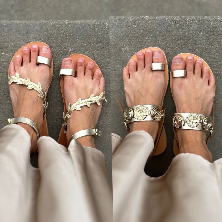 A side by side collage of a top down view of a woman's feet and lower legs wearing a silk skirt and two different styles of Grecian Sandals Etsy Shop gold dressy barefoot wedding sandals