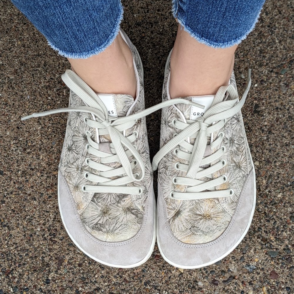 Groundies Amsterdam metallic flower sneaker in barefoot plus width for extra wide feet