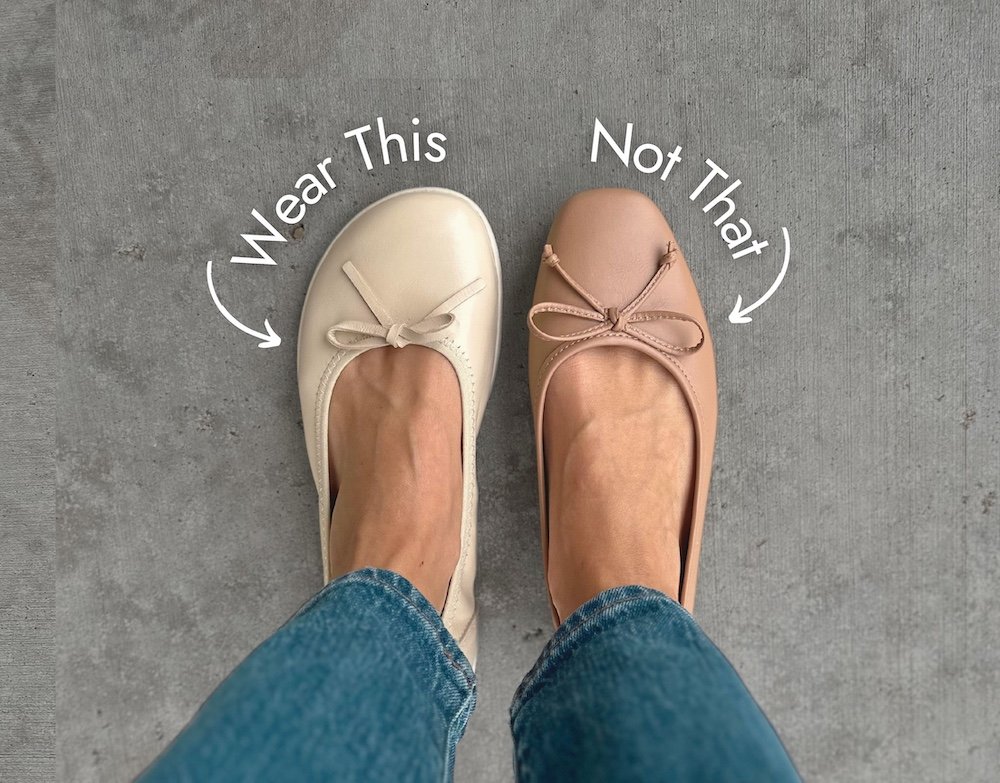 A woman's feet in 2 different but similar ballet flats. The shoe on the left is Groundies Ruby barefoot ballet flats with a wide toe box and flexible sole. The right shoe is a conventional ballet flat with a narrow tapered toe box.