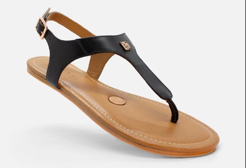 Stock Image of Groundz Sandals with copper grounding plug and black leather straps. They are zero drop