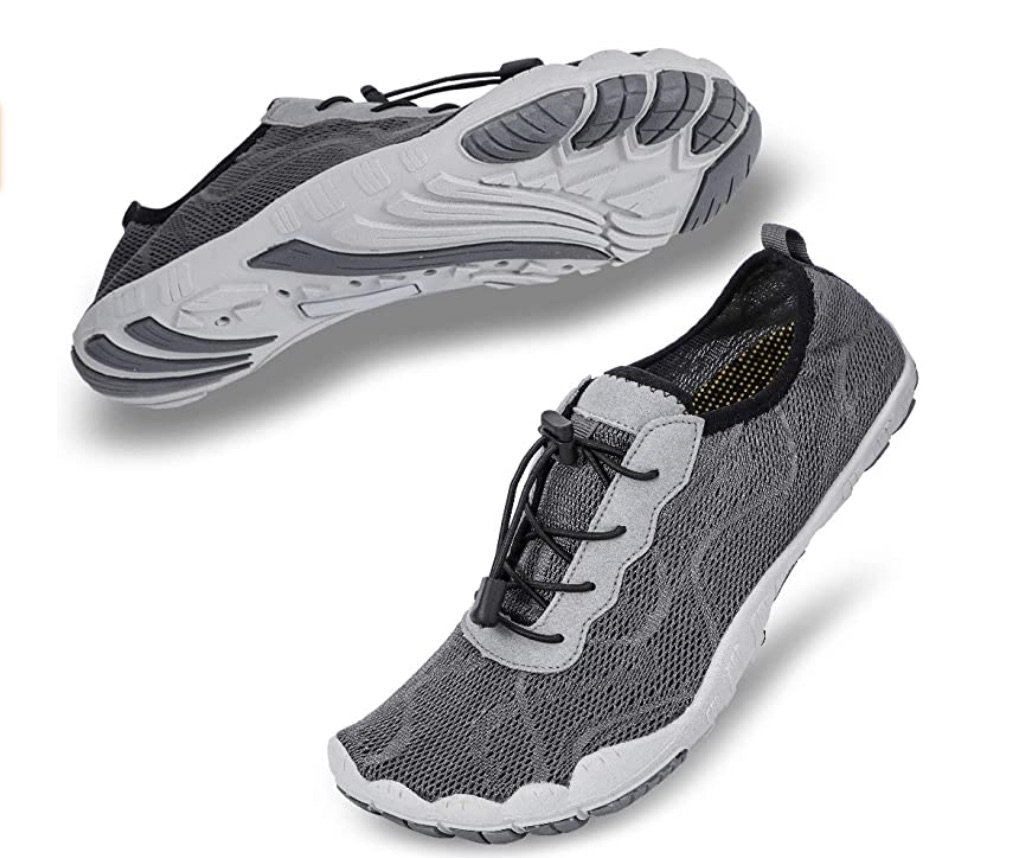 A product photo of the Hiitave barefoot water sandal shoe hybrid in grey