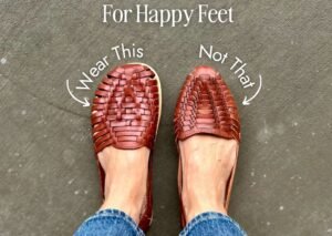 A person's feet close up wearing one traditional woven huarache sandal on the right foot and an Origo Huarache by Anya on the left to shoe the different in toe box shape. The Origo Huarache has a wide toe box and the traditional huarache sandal is pointy leaving no space for toes.