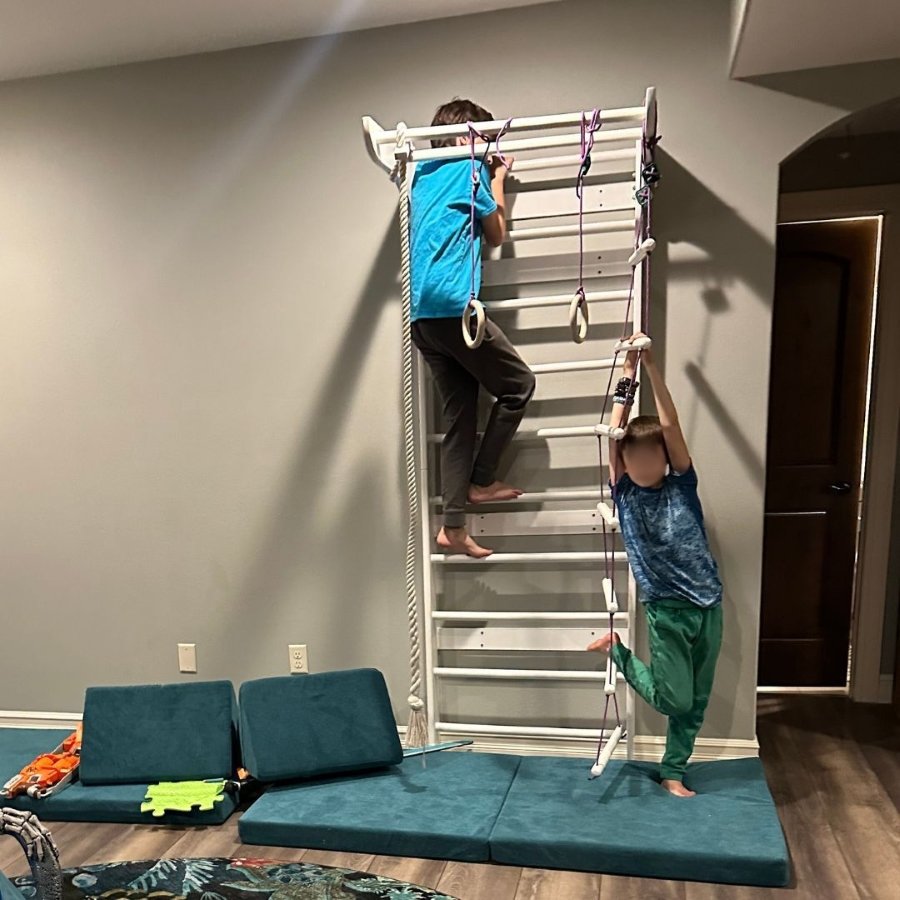 2 young children climbing on an indoor Swedish gym with rungs and hanging rings