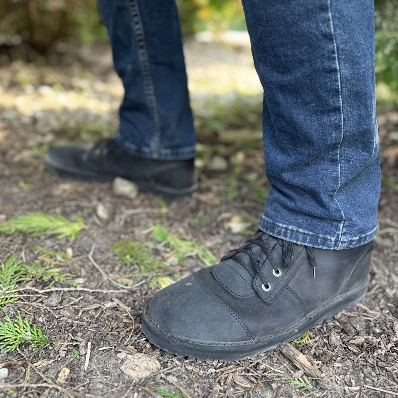 Side close up view of a worn pair of Jim Green African Ranger wide toe box zero drop leather light work boots